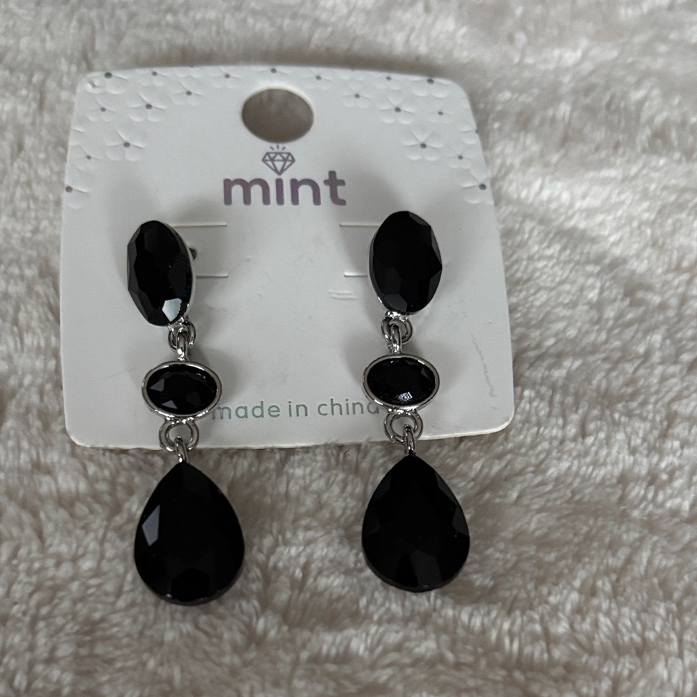 Mint Black Faceted Teardrop Dangle Earrings